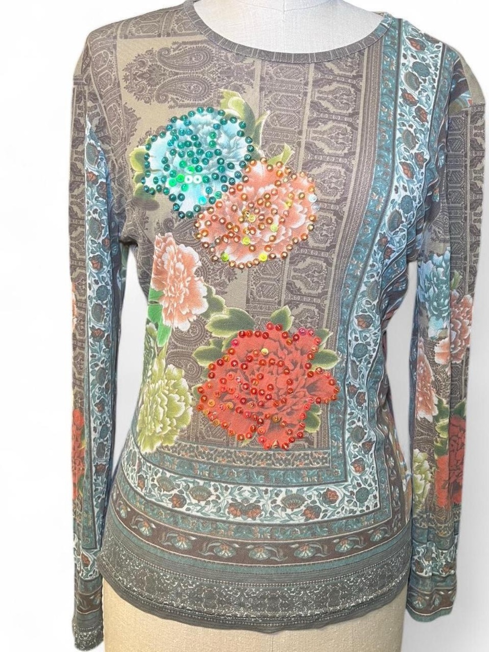 Embellished Floral Long Sleeve mesh Top - Multicolor